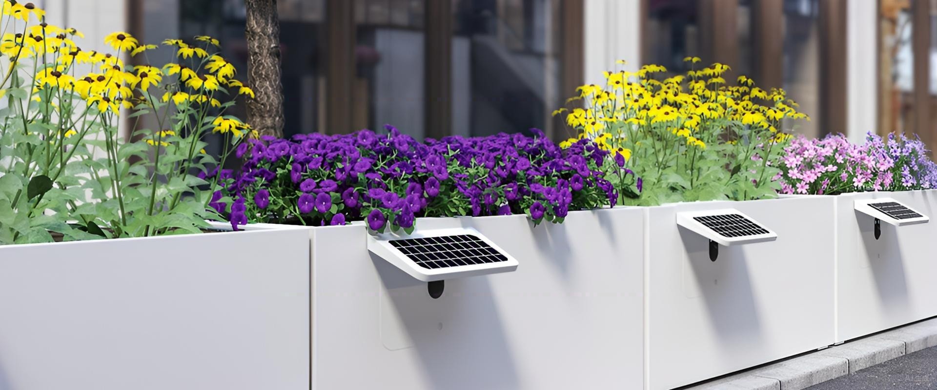 Rows of solar-powered XiaoOu Box smart planters along a city boulevard