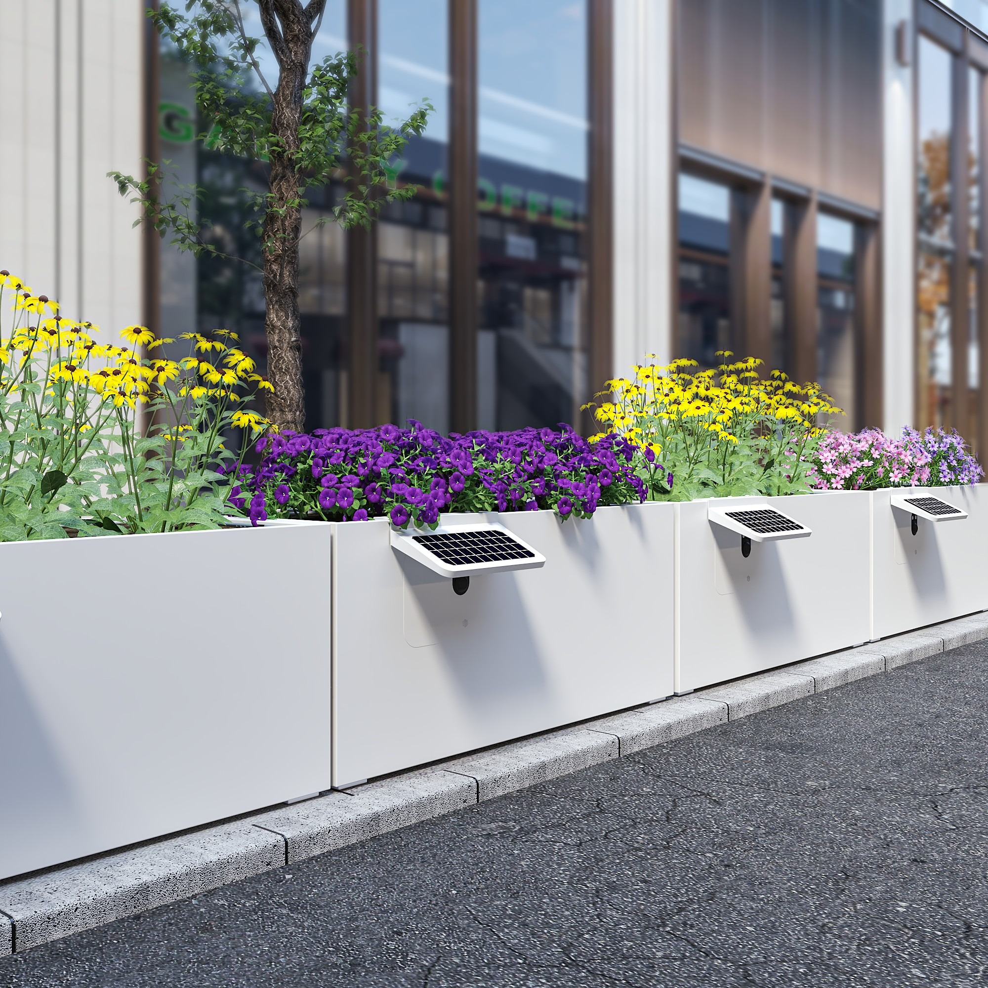CityScape XL smart planters lining a city street